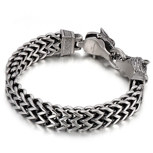 Bracelet punk pour hommes en acier inoxydable tressé avec double breloques tête de loup