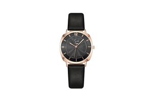 Detail of square rose gold case with black sunray dial and leather strap watch