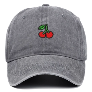 Classic washed grey cotton baseball cap featuring high quality cherry embroidery detail