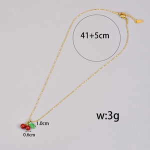 Detail of gold cherry pendant necklace with size dimensions 1.0x0.6cm and 41+5cm chain