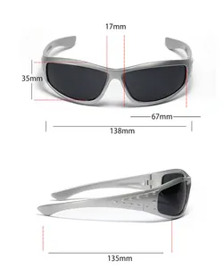Detailed technical size specifications of Y2K silver sports sunglasses with dimensions