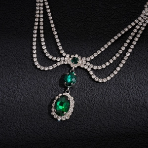 Multi-layer vintage silver necklace with three emerald green oval crystal pendants