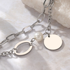 Baroque irregular stainless steel chain bracelet with white pearl and round tag pendant