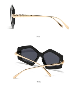 Side and back view of fashion square sunglasses with gold metal textured temples