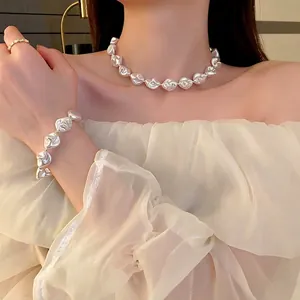 Collier Et Bracelet Künstliche Perles Baroques Irrégulières Fermoir OT Alliage Or Bijoux Rétro Français Élégants Chic