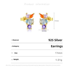 Detailed size specifications for S925 sterling silver colorful zircon floral earrings