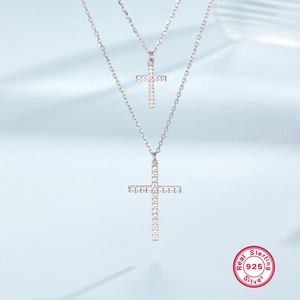 S925 sterling silver double layer necklace with two zircon-encrusted cross pendants