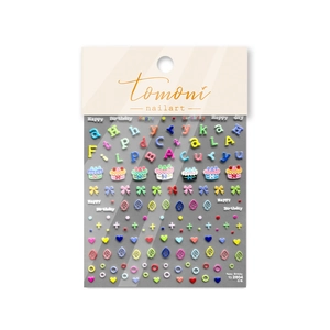 3D relief nail art stickers featuring colorful letters and birthday cake designs