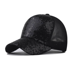 Fashionable black sequin baseball cap with breathable mesh and adjustable strap back