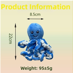 Detail view of plush octopus dog toy with dimensions 22cm by 8.5cm and weight 95g