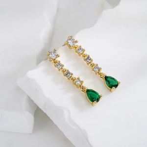 18K gold plated tassel earrings with sparkling clear zircons and green pear cut drop stones