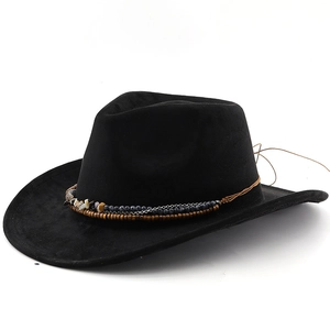 Bohemian black suede cowboy hat with vintage turquoise beads and metal chain trim