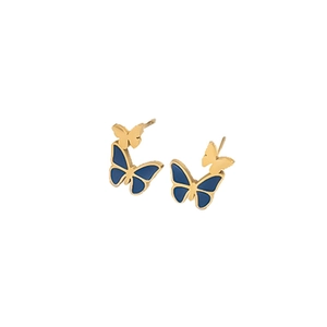 Elegant gold earrings featuring double dark blue butterfly designs in enamel inlay