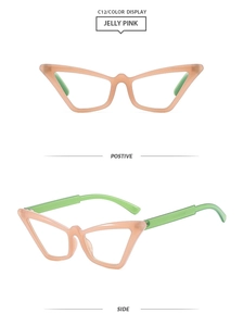 Detail view of jelly pink cat eye frames with contrasting lime green temples in two angles