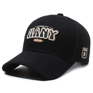 Black cotton baseball cap with 3D embroidery and side badge shown on white background