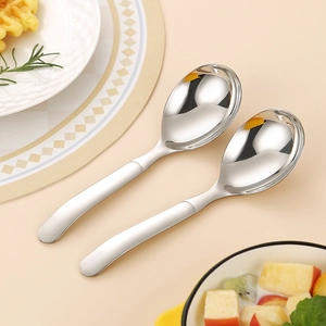 Polished 316 stainless steel round soup spoons with long ergonomic handles in a pair