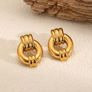 Hoop Earrings Stainless Steel 18K Gold Plated Geometric Round Door Knocker Style Versatile Elegant For Women