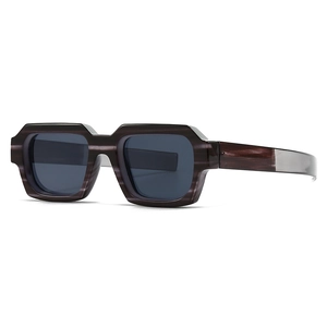 Vintage narrow rectangular sunglasses with dark wood grain textured frame in 45-degree view