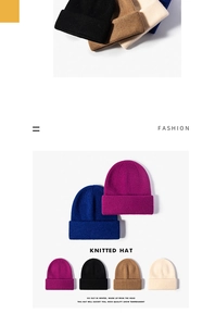 Detail view of colorful rib-knitted beanies in black brown beige blue and purple