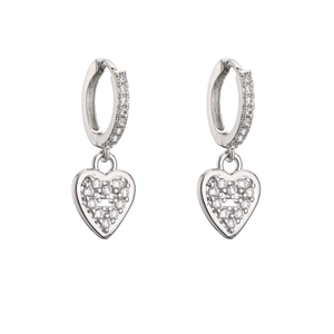 Detailed view of silver heart drop earrings with micro-pave cubic zirconia settings