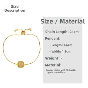 Detail of adjustable 18k gold plated bracelet with square druzy stone and slider clasp
