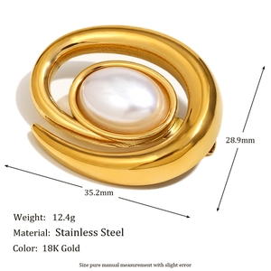 Elegant 18K gold plated stainless steel conch shell pearl brooch measuring 35.2mm