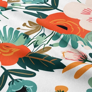 Close-up of bohemian tapestry fabric showing floral print and woven fiber textures