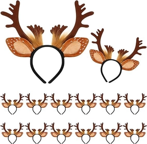 Set of 14 brown reindeer antler headbands for Christmas featuring plush ears and dots