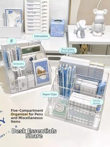 Macro shot of 5-compartment acrylic desk organizer with clear dividers for stationery