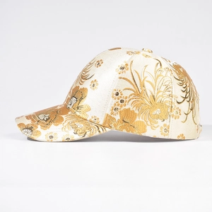 Satin baseball cap featuring premium gold floral embroidery and traditional Chinese style