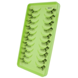 Detailed close-up of 10 pairs of dense curly false eyelashes in YK312 green tray