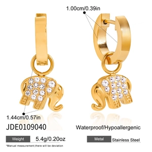 Macro detail of elephant earrings with rhinestones, showing product dimensions and scale