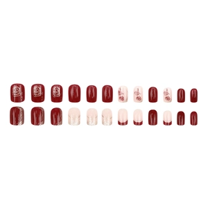 Deep red rose press-on nails set with glitter gradients and vintage floral square tips