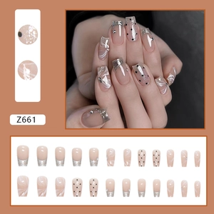 French retro mirror powder press-on nails with silver metallic tips and black dots