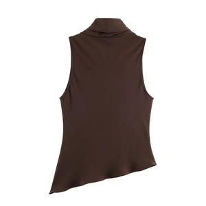 Sleeveless chocolate brown silk-like top with turtleneck and asymmetrical hemline