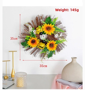 Detail showing 35cm sunflower wreath dimensions and 145g weight on a rustic base