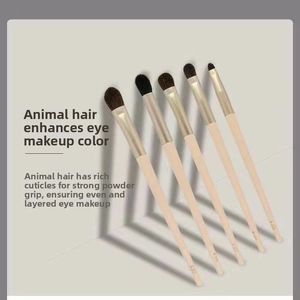 Detailed close-up of 5-piece eye makeup brush set with soft bristles and wooden handles