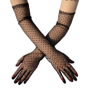 Elegant long black polka dot mesh gloves for bridal wedding or vintage party outfits