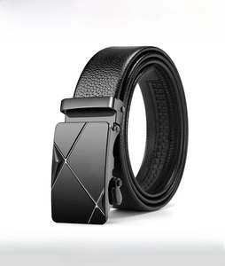 Close-up of men's business belt featuring black lychee texture and metal auto-lock buckle