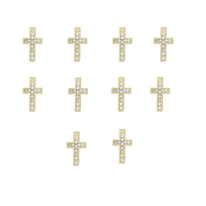Macro view of ten golden cross pendants with inset rhinestones for jewelry making