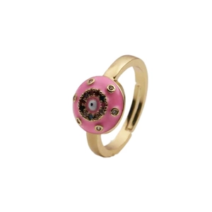 Pink enamel evil eye ring in gold plated finish with sparkling cubic zirconia stone