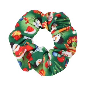 Christmas scrunchie with snowmen and gift patterns on green festive fabric