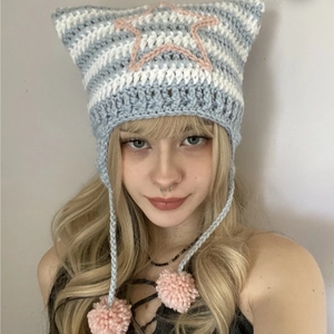 Handmade striped cat ear beanie with devil horns and pink pompom charms for women