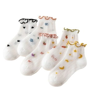 Breathable mesh baby socks with colorful ruffled edges and cute printed patterns