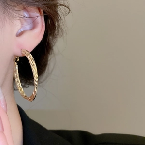 Detailed close-up of gold hoop earrings featuring intricate snake chain textures on model