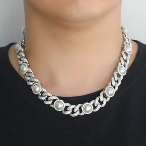 Silver Cuban link necklace with 15mm pearls and full rhinestones on a model