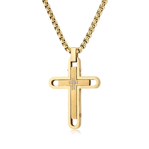 Golden double-layered cross necklace with small diamonds on a box chain for men