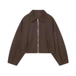 Women's dark brown short zip-up jacket with lapel collar and dropped shoulder fit