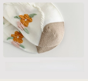 Detailed close-up of smooth seamless toe on white cotton socks with floral embroidery