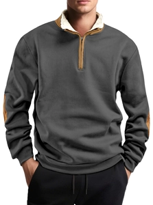 Detail of men's quarter-zip fleece collar and contrasting brown elbow patches on dark grey sweatshirt